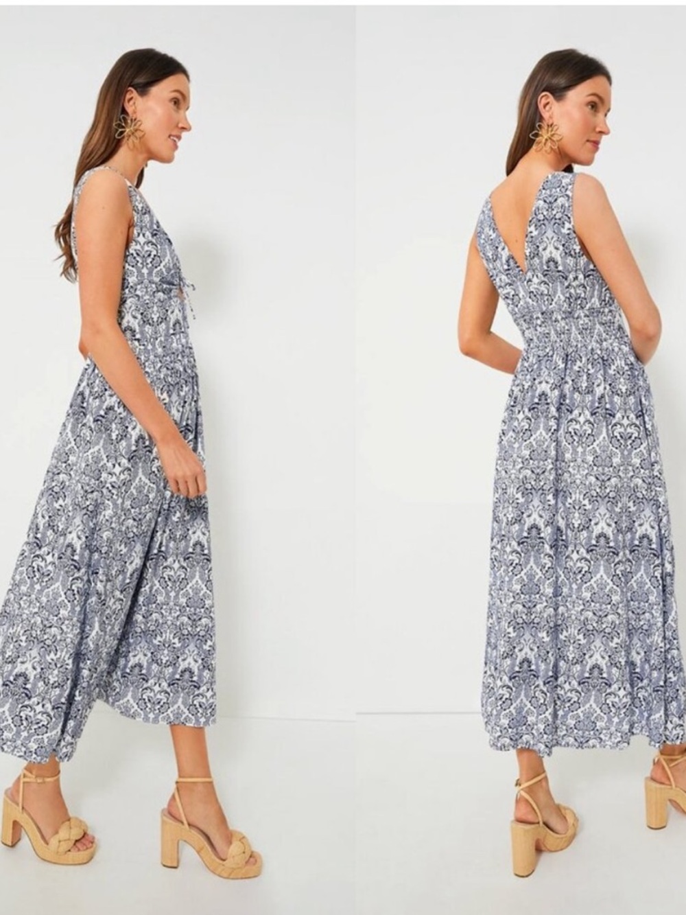 Tuckernuck Hyacinth House Navy and White Scroll-Print V-Neck Maxi Dress